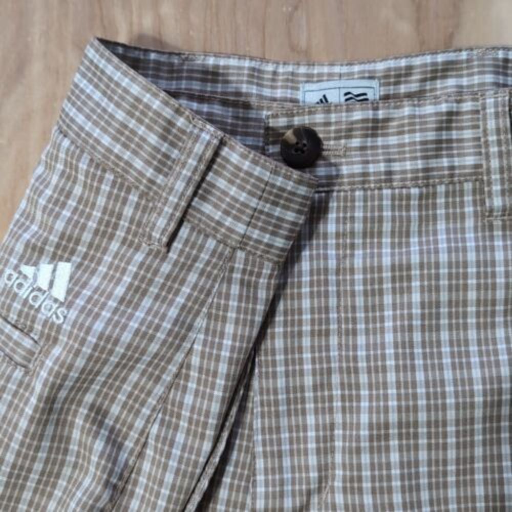 Adidas Mens 34 Golf Shorts Plaid‎ White Tan Beige Active Logo Stretch 11"